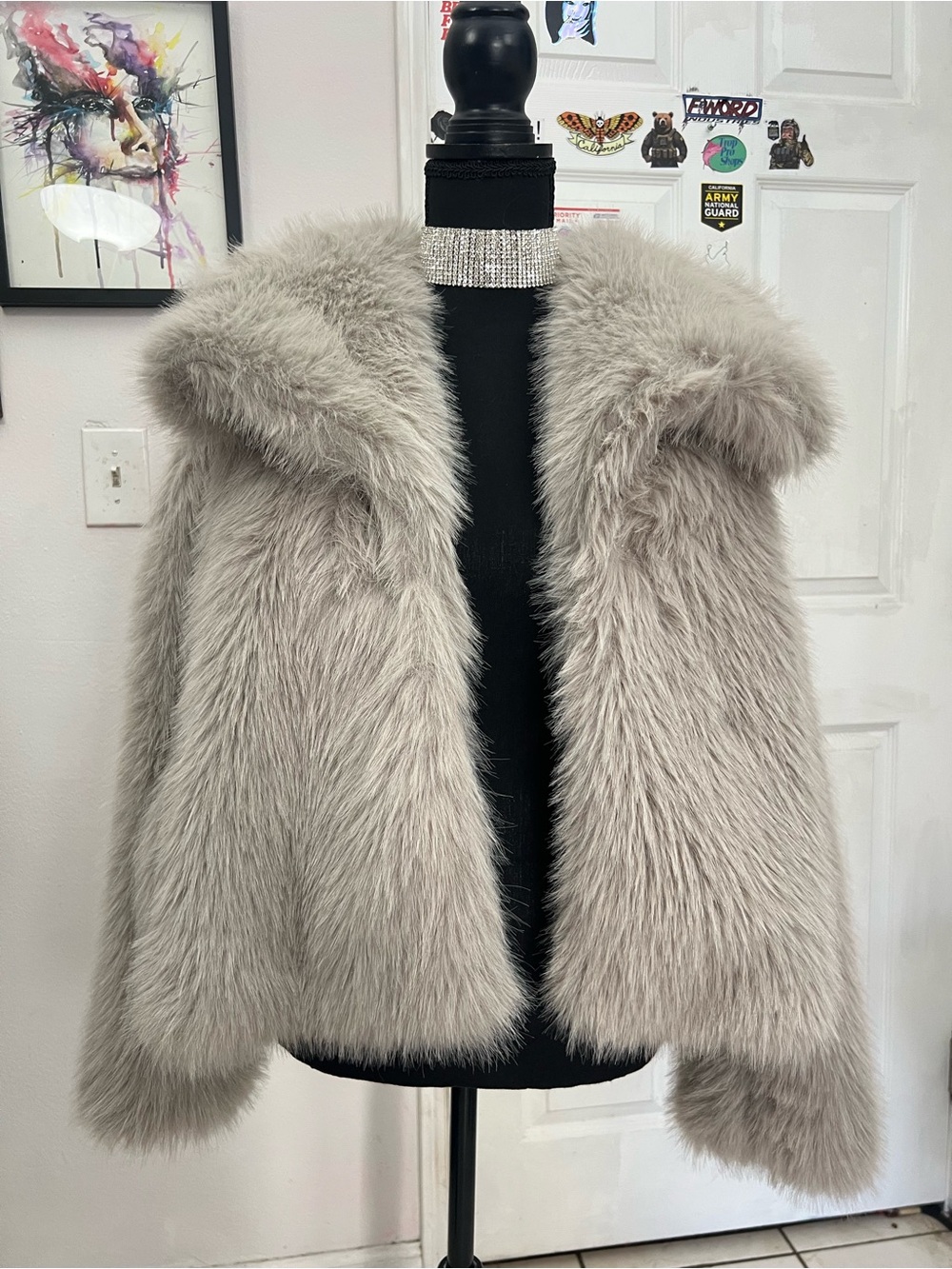 Gray Faux Fur Hooded Coat - Women Jackets & Coats (Clasp doesn’t click)